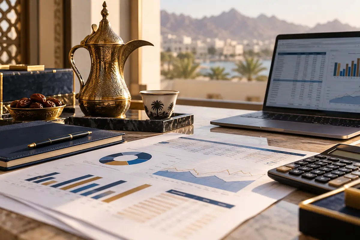 مكتب استشاري مع نماذج مالية وقهوة عُمانية